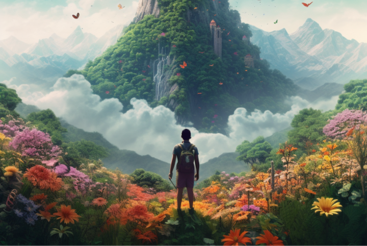 Male presenting person standing in a field of flowers looking up toward the top of a mountain. (Midjourney created image)